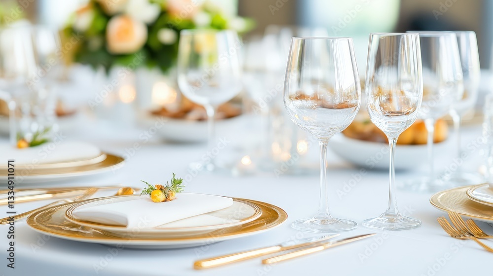 An elegantly set dining table featuring fine china, sparkling glassware, and a floral centerpiece, creating a sophisticated ambiance for a meal. An elegantly set dining table featuring fine china, sparkling glassware, and a floral centerpiece, creating a sophisticated ambiance for a meal.