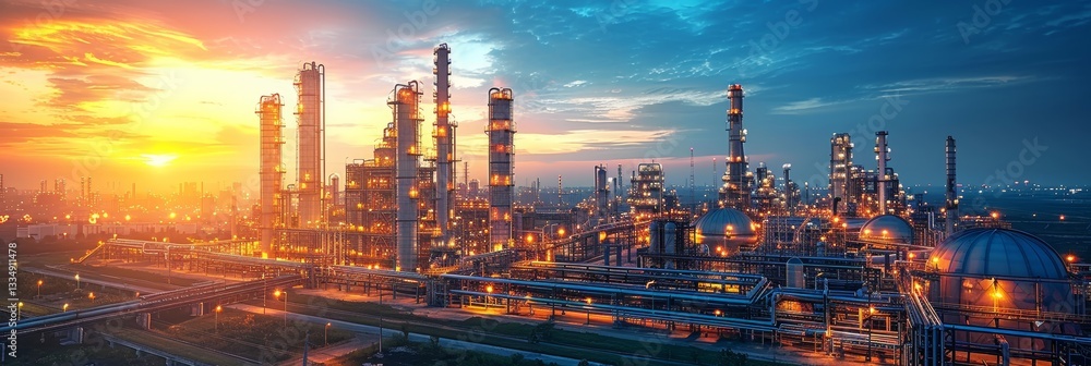 Fototapeta premium Spectacular panoramic view of a vast industrial complex illuminated at twilight, showcasing intricate pipelines and towering structures against a vibrant sunset sky