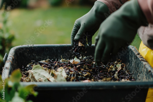 Wallpaper Mural A person wearing gloves is adding food scraps to a compost bin in a backyard garden. The activity takes place in daylight, emphasizing eco-friendly waste management practices Torontodigital.ca