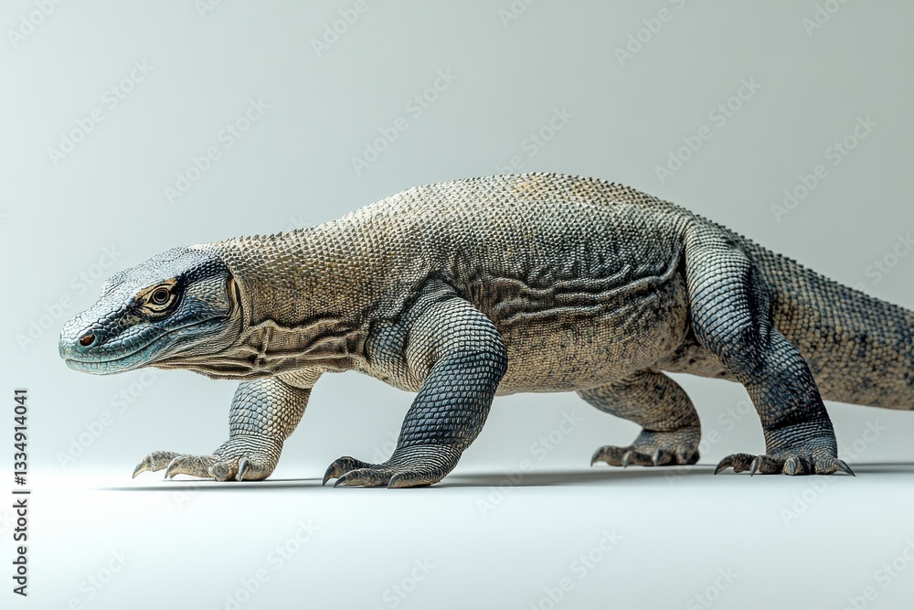 Obraz premium Realistic Detailed Illustration of a Monitor Lizard Crawling on a Light Background