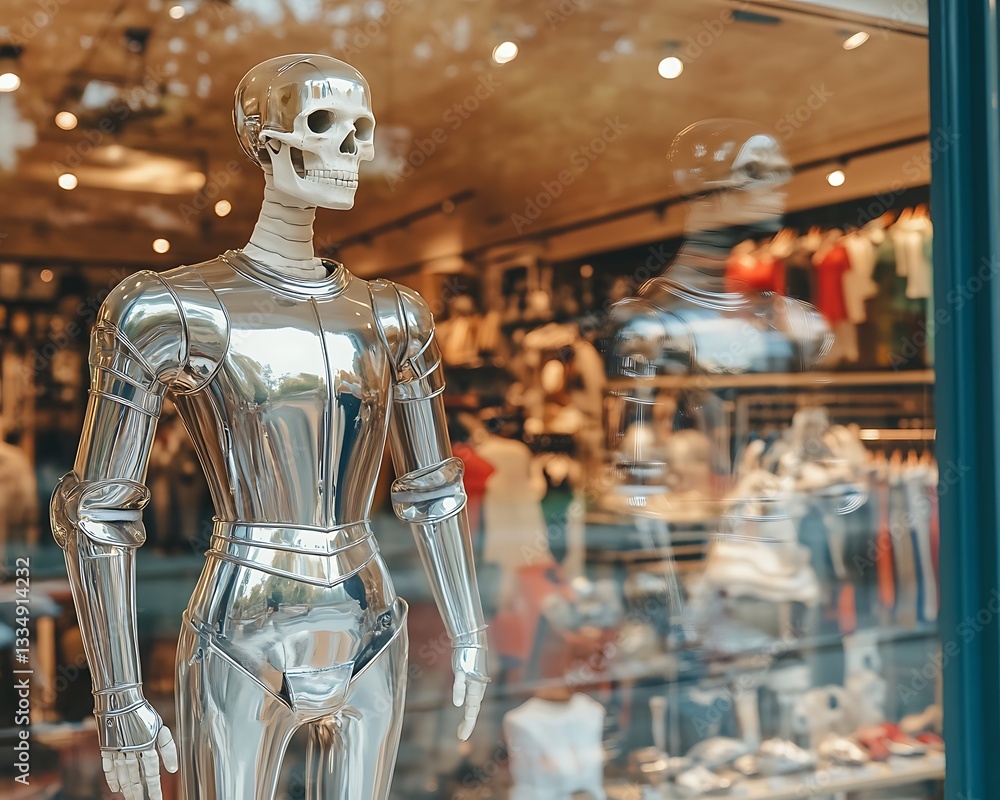 A shiny silver mannequin with a skeleton head in a shop window A shiny silver mannequin with a skeleton head in a shop window