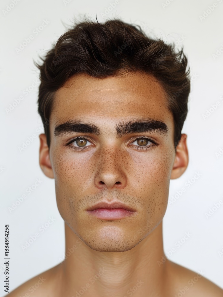 Fototapeta premium Striking portrait of a young adult man with captivating eyes and noticeable freckles looking directly at the camera with neutral expression