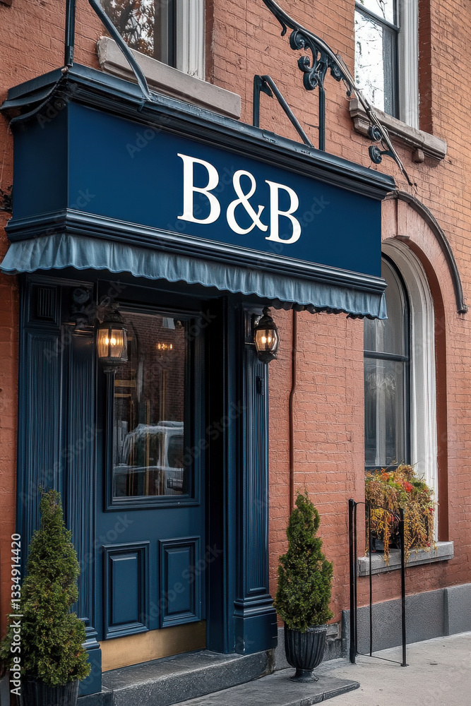 -Blue bed and breakfast sign above a building entrance, with writing “B&B”
-Blue bed and breakfast sign above a building entrance, with writing “B&B”