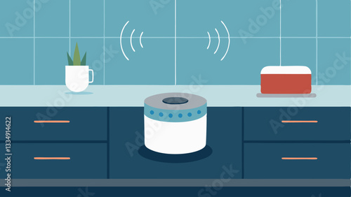 Smart Home Assistant A compact home assistant device sitting on a kitchen counter with visual soundwaves emanating from it quickly recognizing and responding to voice commands
