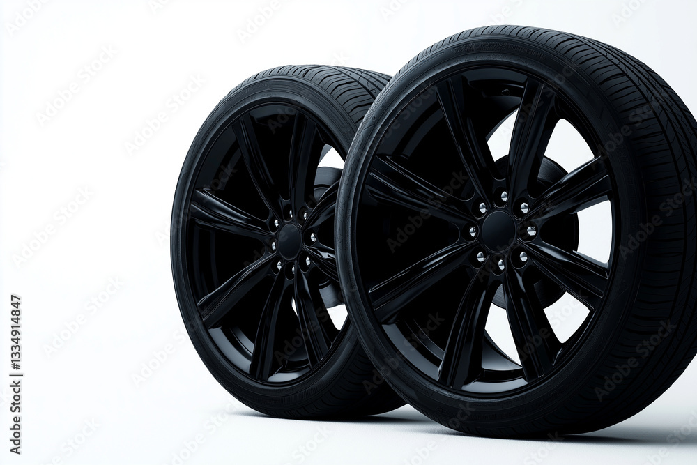 Fototapeta premium High quality black car tires with sleek design, perfect for enhancing vehicle aesthetics and performance. Ideal for automotive enthusiasts and professionals
