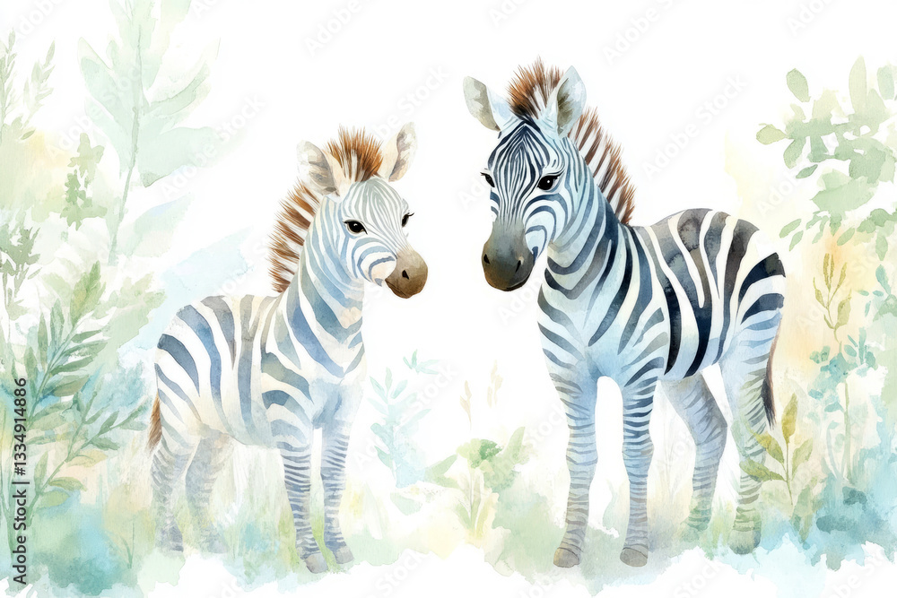 Obraz premium Close-up watercolor of zebra family in serene wild habitat environment
