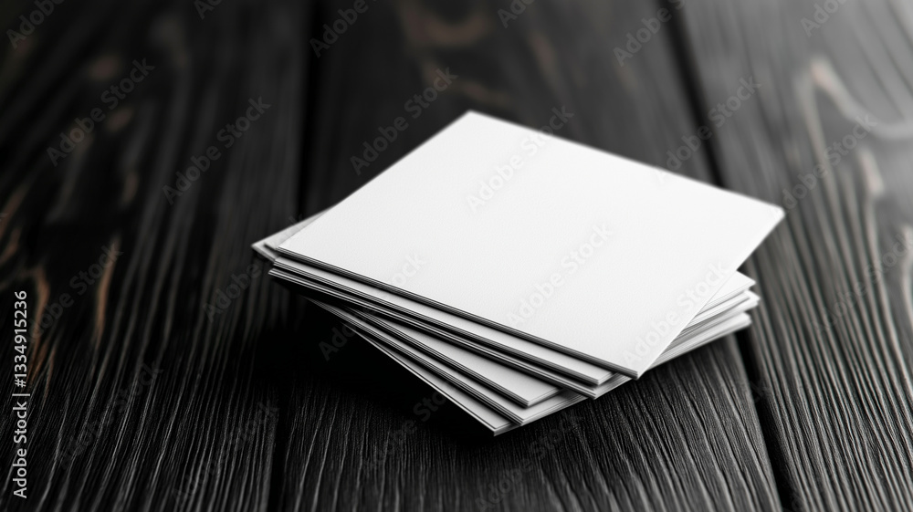 Fototapeta premium Minimalist white business cards stacked on dark wooden surface, showcasing clean and professional design. Ideal for branding and marketing purposes