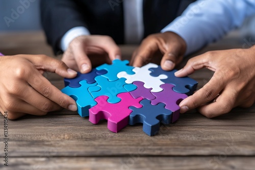 A group of people are holding a puzzle together