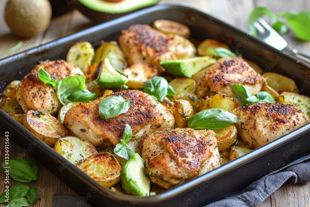 Succulent roasted chicken with golden potatoes and avocado, infused with aromatic herbs, creating a wholesome and visually appealing meal. Succulent roasted chicken with golden potatoes and avocado, infused with aromatic herbs, creating a wholesome and visually appealing meal.