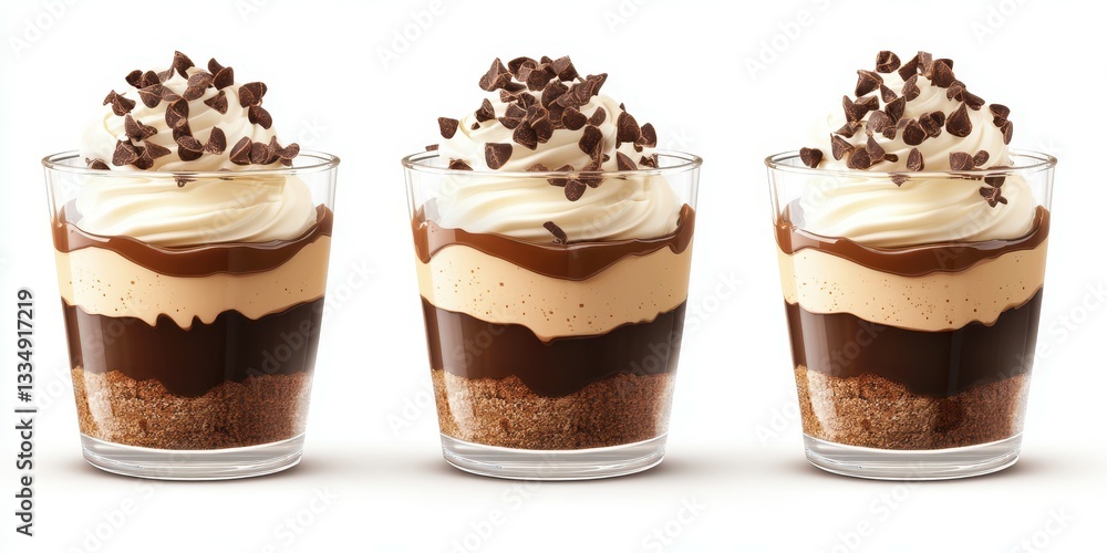Delightful dessert cups with layers of chocolate, caramel, and whipped cream topped with chocolate shavings Delightful dessert cups with layers of chocolate, caramel, and whipped cream topped with chocolate shavings