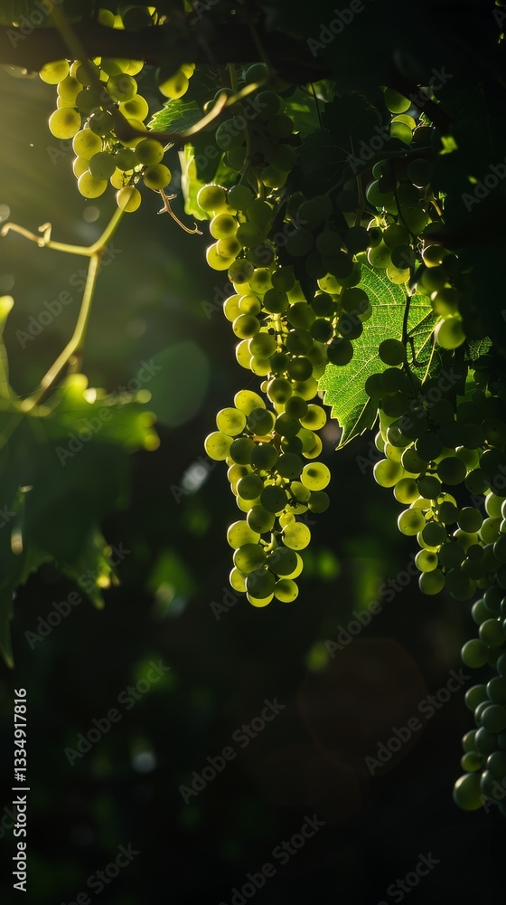 Fototapeta premium Sunlit vineyard bounty: Hanging clusters of green grapes ripen amongst lush leaves, a close-up capture of nature's sweetness.