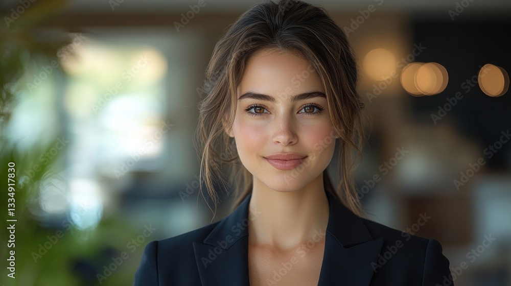 Confident businesswoman smiles in modern office lobby Confident businesswoman smiles in modern office lobby