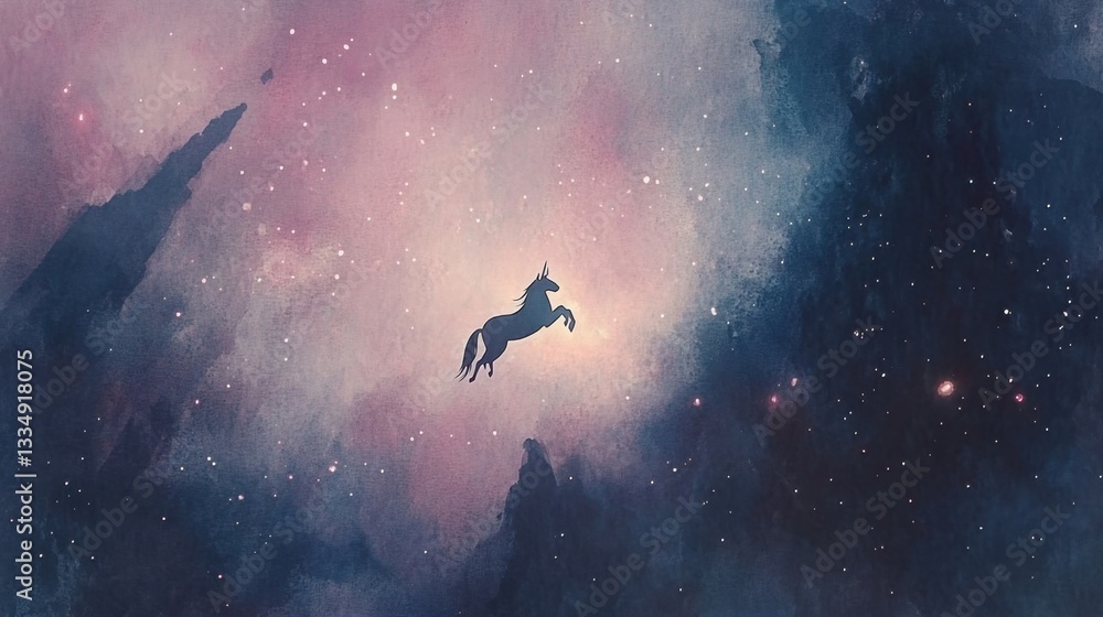 Fototapeta premium A horse is flying through the sky above a starry background