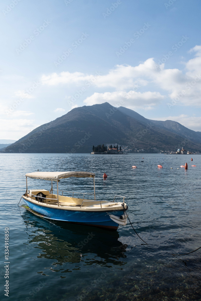View at Bay of Kotor and mountains from Perast town in winter, Montenegro View at Bay of Kotor and mountains from Perast town in winter, Montenegro