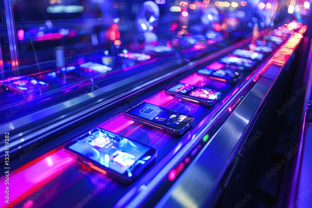 A futuristic conveyor belt showcasing the production line of smartphones, illuminated by vibrant neon lights, reflecting technological innovation and precision manufacturing. A futuristic conveyor belt showcasing the production line of smartphones, illuminated by vibrant neon lights, reflecting technological innovation and precision manufacturing.