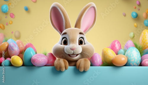 Wallpaper Mural Whimsical 3D render of a cute bunny peeking over an empty pastel banner, surrounded by soft spring flowers and gentle light—perfect for Easter greetings and seasonal designs.
 Torontodigital.ca