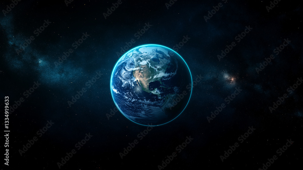 Naklejka premium Earth in space with glowing atmosphere, showcasing global network. image captures beauty of our planet against starry backdrop, evoking sense of wonder and connection