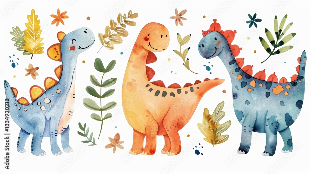 Obraz premium Three cheerful dinosaurs smiling and posing together amidst decorative botanical leaves and flowers in watercolor illustration on a clean white backdrop, ideal for kids designs