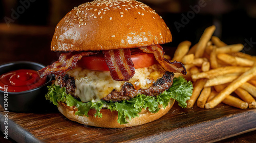 Juicy Gourmet Beef Burger with Golden Fries Served on Rustic Wooden Board