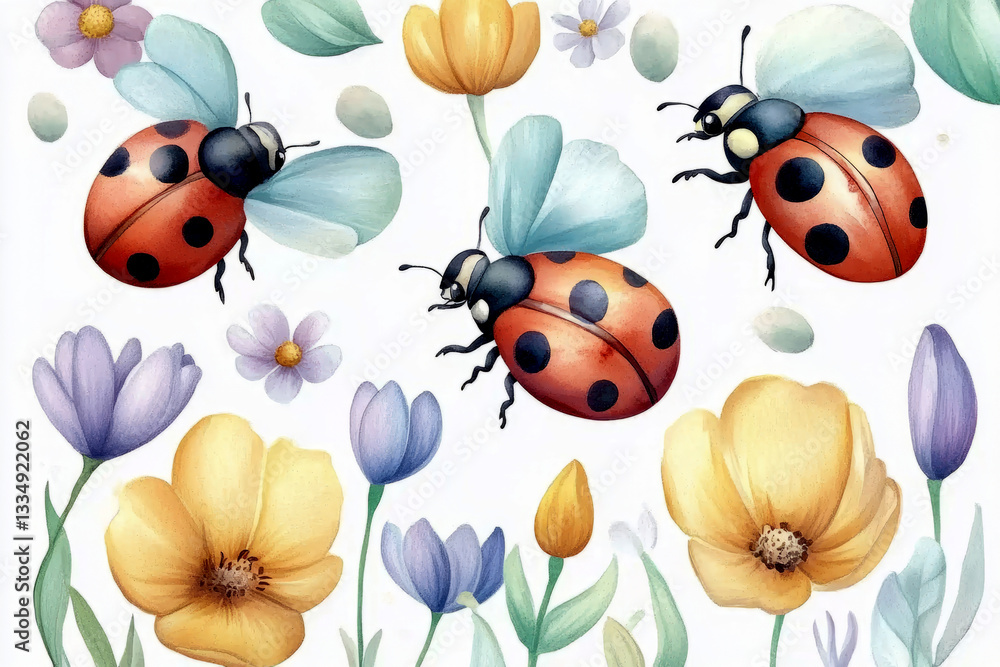 Nature's beauty ladybugs fluttering in a colorful flower garden Nature's beauty ladybugs fluttering in a colorful flower garden