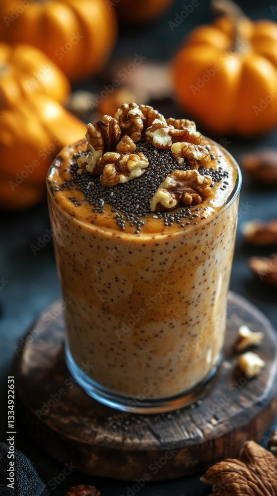 Creamy pumpkin smoothie topped with walnuts and chia seeds in autumn setting Creamy pumpkin smoothie topped with walnuts and chia seeds in autumn setting