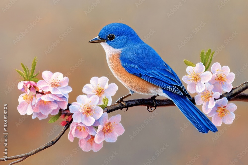 Fototapeta premium Bluebird on Spring Blossom Branch - A vibrant bluebird rests on a branch adorned with delicate pink blossoms, symbolizing serenity, new beginnings, beauty, freedom, and hope