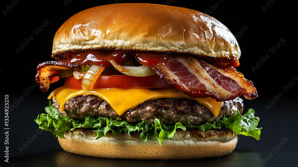 Juicy Gourmet Cheeseburger with Golden Bun and Crispy Bacon on Dramatic Black Background
