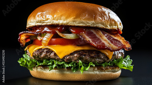 Obraz na płótnie Juicy Gourmet Cheeseburger with Golden Bun and Crispy Bacon on Dramatic Black Background w salonie