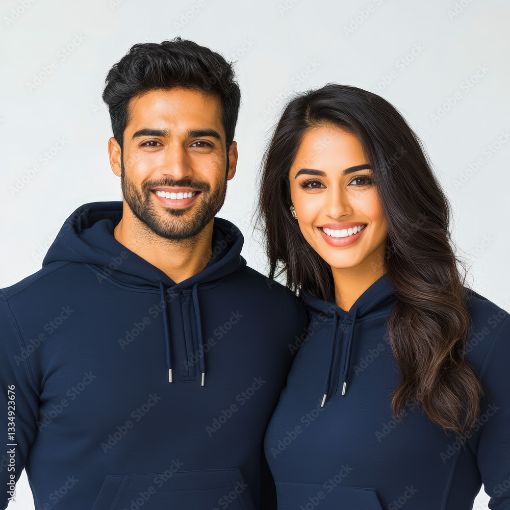 A smiling man and woman wearing matching navy blue hoodies against a clean, light background. A smiling man and woman wearing matching navy blue hoodies against a clean, light background.
