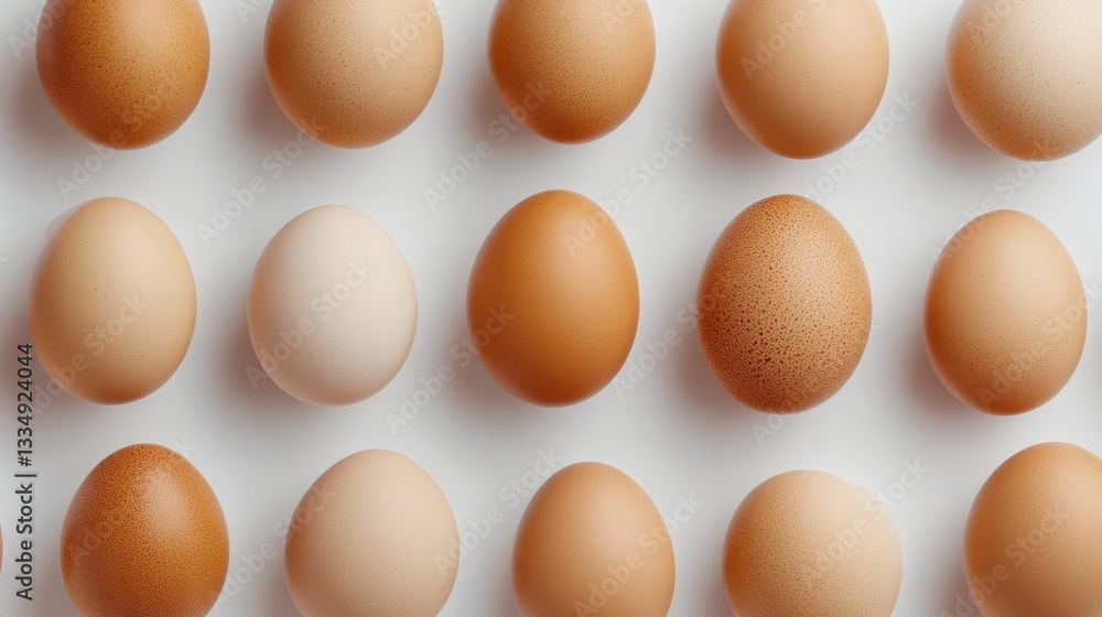 Brown and White Eggs Top View Arrangement - A collection of brown and white eggs arranged neatly on a white background, symbolizing freshness, nutrition, breakfast, spring, and new beginnings Brown and White Eggs Top View Arrangement - A collection of brown and white eggs arranged neatly on a white background, symbolizing freshness, nutrition, breakfast, spring, and new beginnings