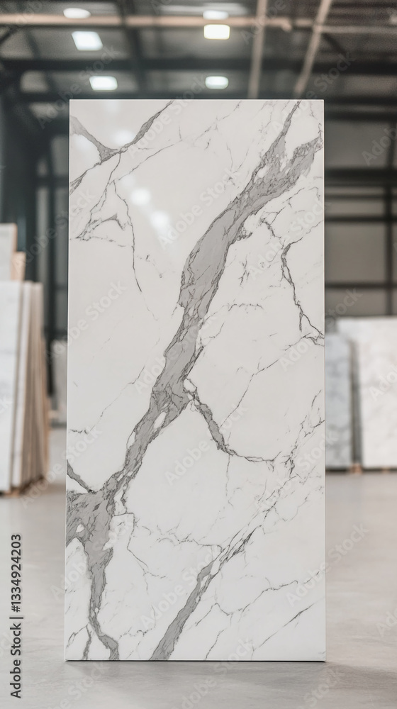 Fototapeta premium White marble slab with gray veining, standing upright, showcasing texture and pattern, ideal for design or construction display