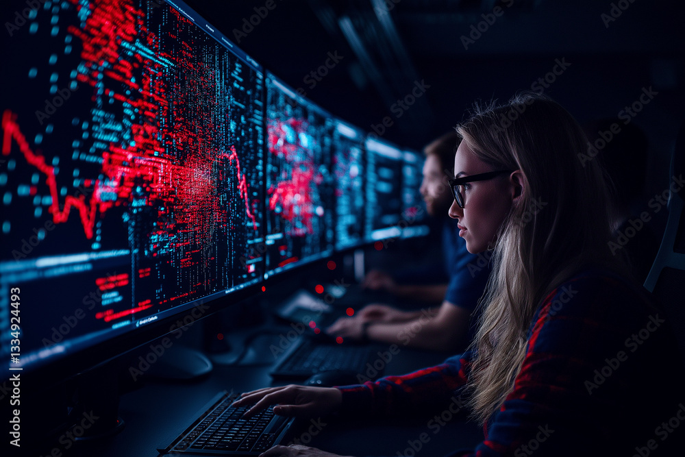 focused woman analyzes data on multiple screens in dark room, showcasing teamwork in technology. atmosphere is intense and collaborative focused woman analyzes data on multiple screens in dark room, showcasing teamwork in technology. atmosphere is intense and collaborative