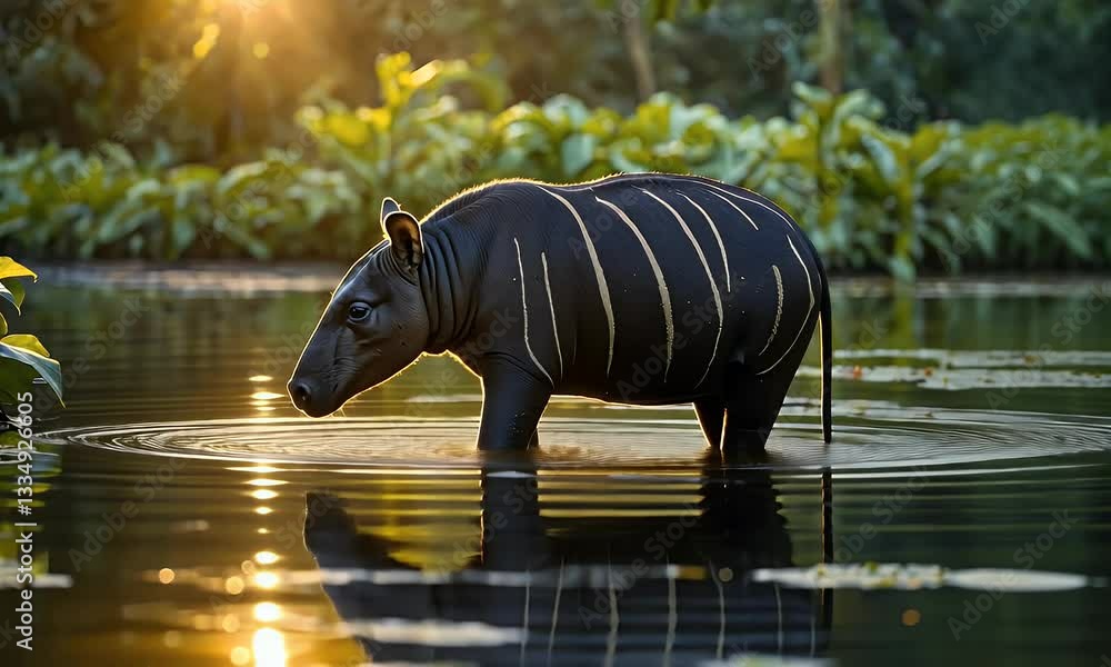 A tapir wades through tranquil water, illuminated by the warm glow of sunset.