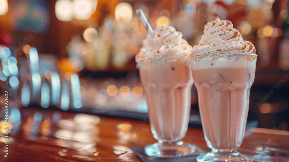 Two refreshing milkshakes with creamy whipped topping and cinnamon powder served in elegant glasses on a wooden counter in a warm cozy cafe ambiance Two refreshing milkshakes with creamy whipped topping and cinnamon powder served in elegant glasses on a wooden counter in a warm cozy cafe ambiance