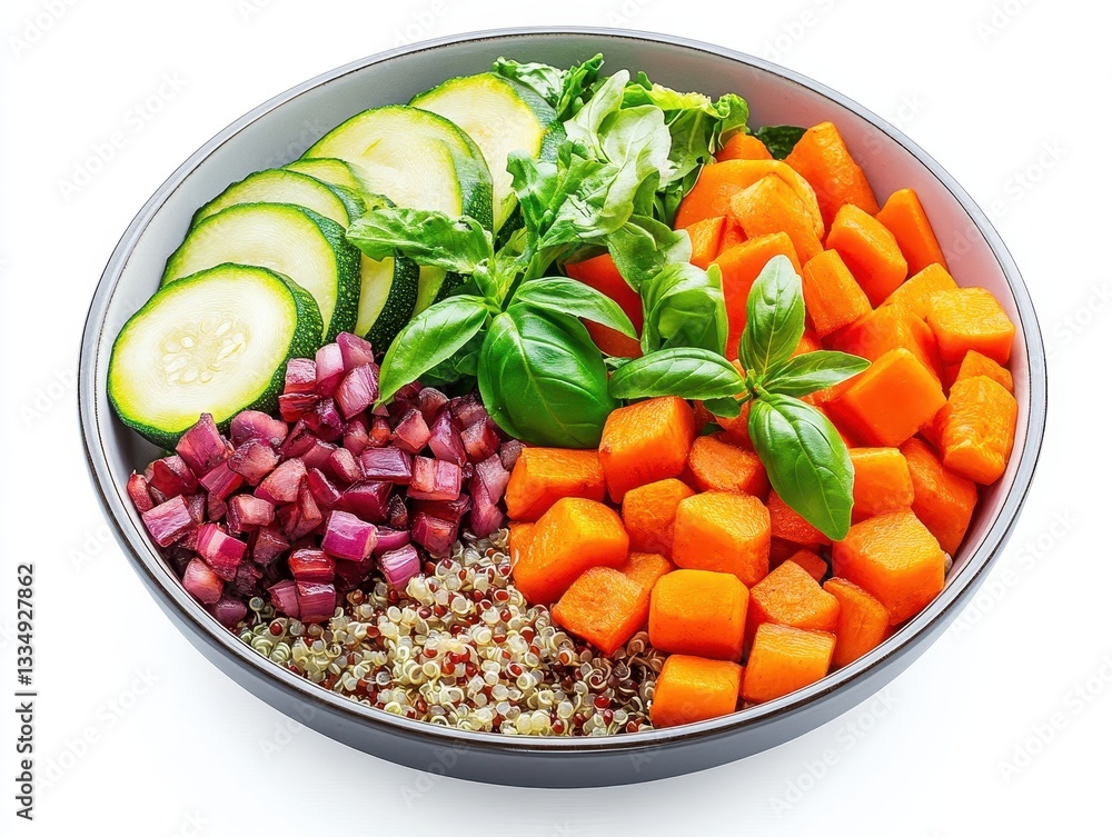 Freshly prepared vegetable and quinoa salad in a gray bowl, vibrant colors Freshly prepared vegetable and quinoa salad in a gray bowl, vibrant colors