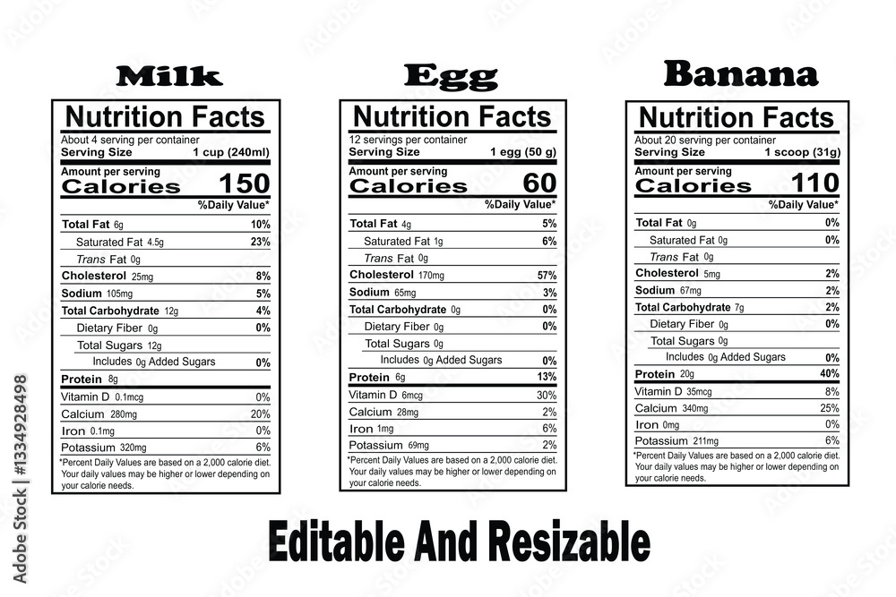 Naklejka premium Nutrition facts, milk nutrition facts, egg nutrition facts, banana nutrition facts, nutrition facts label.
