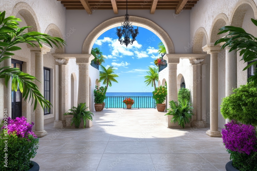 Fototapeta premium Coastal Villa Courtyard - Serene courtyard with arched passageway opening to ocean view, lush plants, and elegant architecture