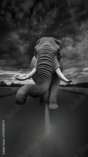 elephant walking on the road. Epic black and white scene
