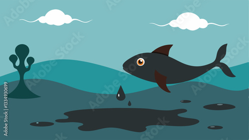 Oil Spill An of a body of water with a dark oil slick spreading across the surface affecting aquatic life with a fish swimming near the surface.