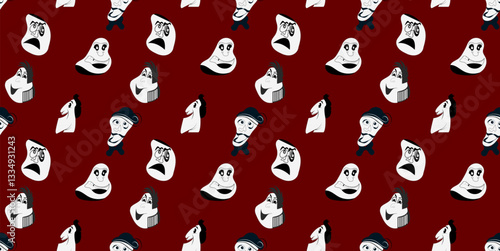 Pattern with grotesque black and white faces on a dark red background. Caricatured, emotional expressions create an eccentric atmosphere. The style is minimalistic, graphic, with elements of surrealis