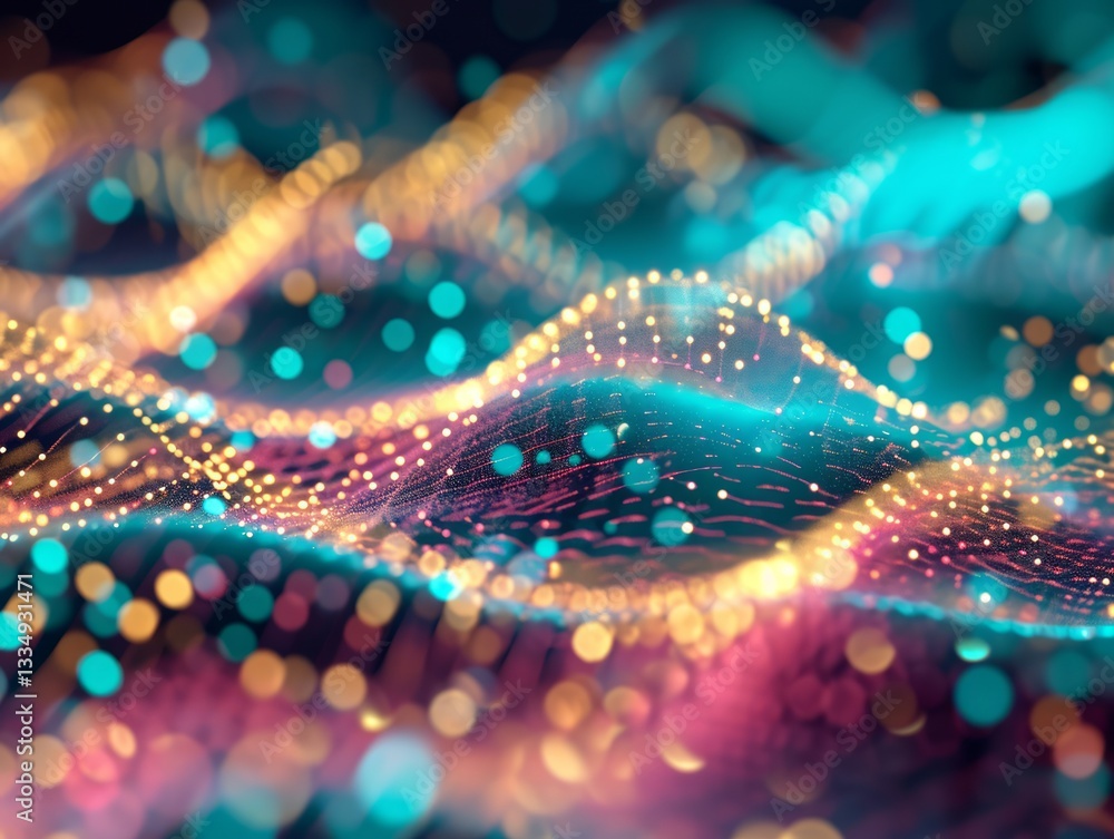 Vibrant and dynamic abstract background with flowing wavy lines made of light particles in teal, gold and pink colors, creating a futuristic bokeh effect Vibrant and dynamic abstract background with flowing wavy lines made of light particles in teal, gold and pink colors, creating a futuristic bokeh effect