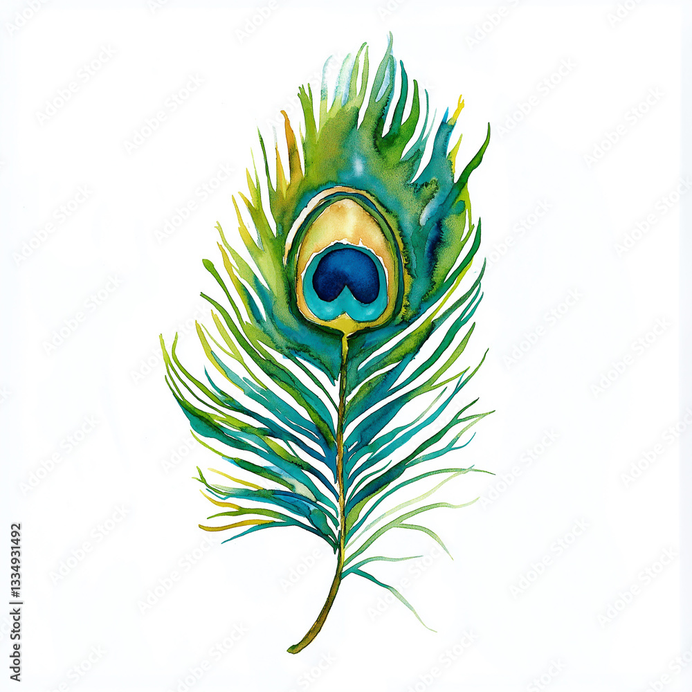 Obraz premium Watercolor illustration of a peacock feather, vibrant with shades of green, blue and gold, representing Lord Krishna on a solid white background