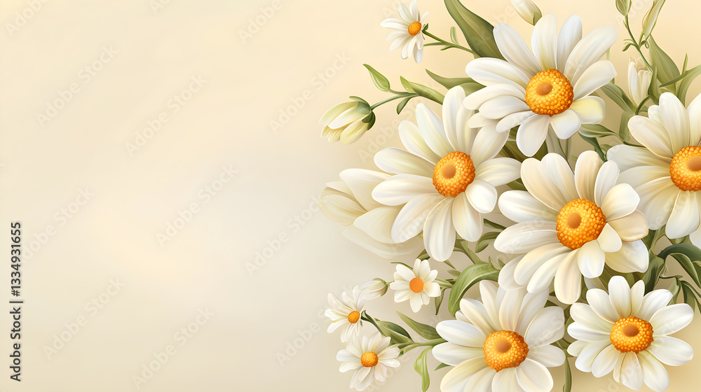 Fototapeta premium pale yellow gradient background with cluster of white daisies and green leaves, creating serene and cheerful atmosphere