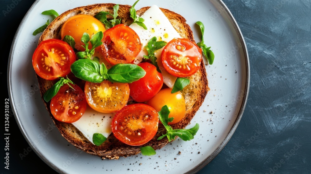 A vibrant and appetizing salad featuring fresh tomatoes and greens beautifully arranged on a slice of whole grain toast, perfect for a healthy meal. A vibrant and appetizing salad featuring fresh tomatoes and greens beautifully arranged on a slice of whole grain toast, perfect for a healthy meal.