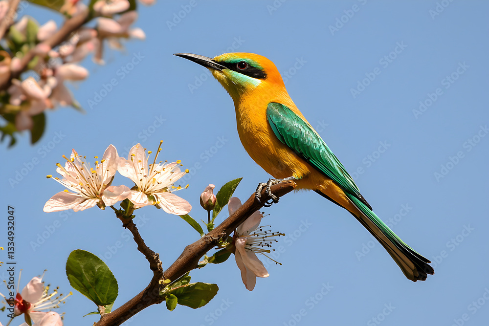 Obraz premium vibrant bird with green and yellow plumage perched on blooming branch under clear blue sky