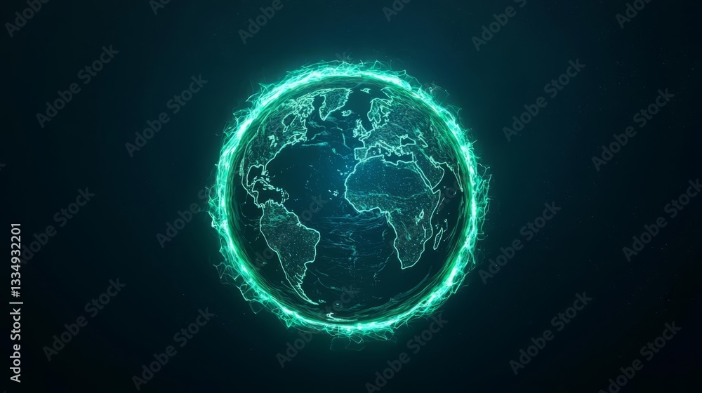 A glowing representation of Earth, showcasing continents encircled by a vibrant neon green light. A glowing representation of Earth, showcasing continents encircled by a vibrant neon green light.