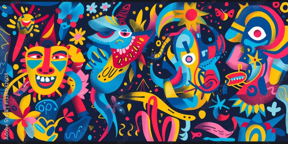 Vibrant and whimsical abstract painting filled with imaginative creatures and colorful geometric shapes on a dark textured background Vibrant and whimsical abstract painting filled with imaginative creatures and colorful geometric shapes on a dark textured background