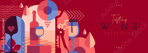 Modern banner or poster with wine bottles and glasses. Restaurant menu design. Wine background. Vector illustration