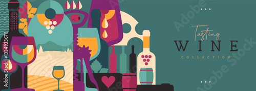 Modern banner or poster with wine bottles and glasses. Restaurant menu design. Wine background. Vector illustration