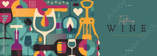 Modern banner or poster with wine bottles and glasses. Restaurant menu design. Wine background. Vector illustration